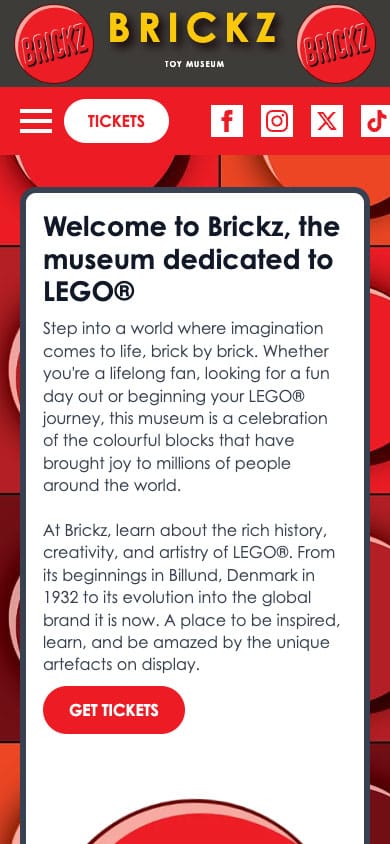 Brickz LEGO museum welcome and ticket information page