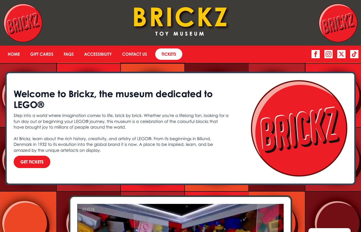 Brickz Toy Museum homepage promoting LEGO exhibits