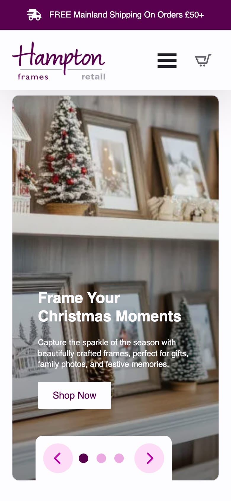 Christmas photo frames and festive decorations display